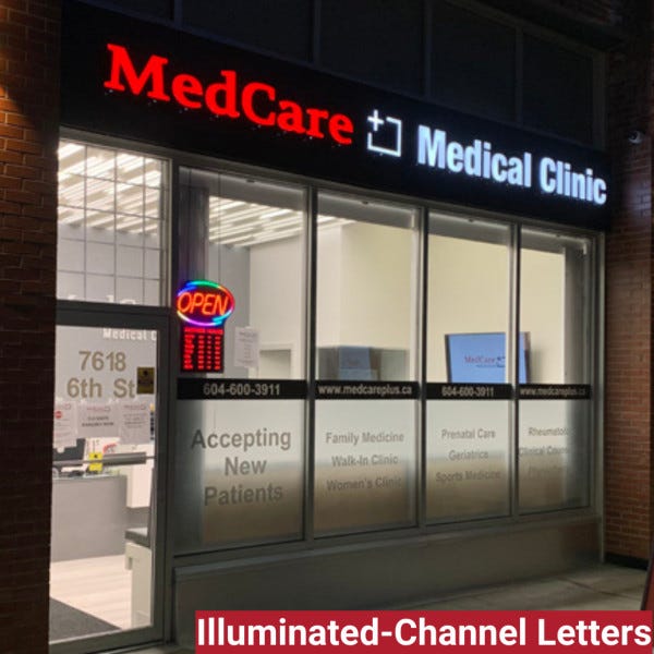 Channel Letters - Med Care+ Medical Clinic