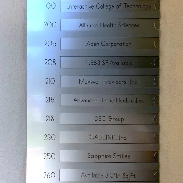 custom directory sign measuring 18 x 32 in. black acrylic and brushed aluminum