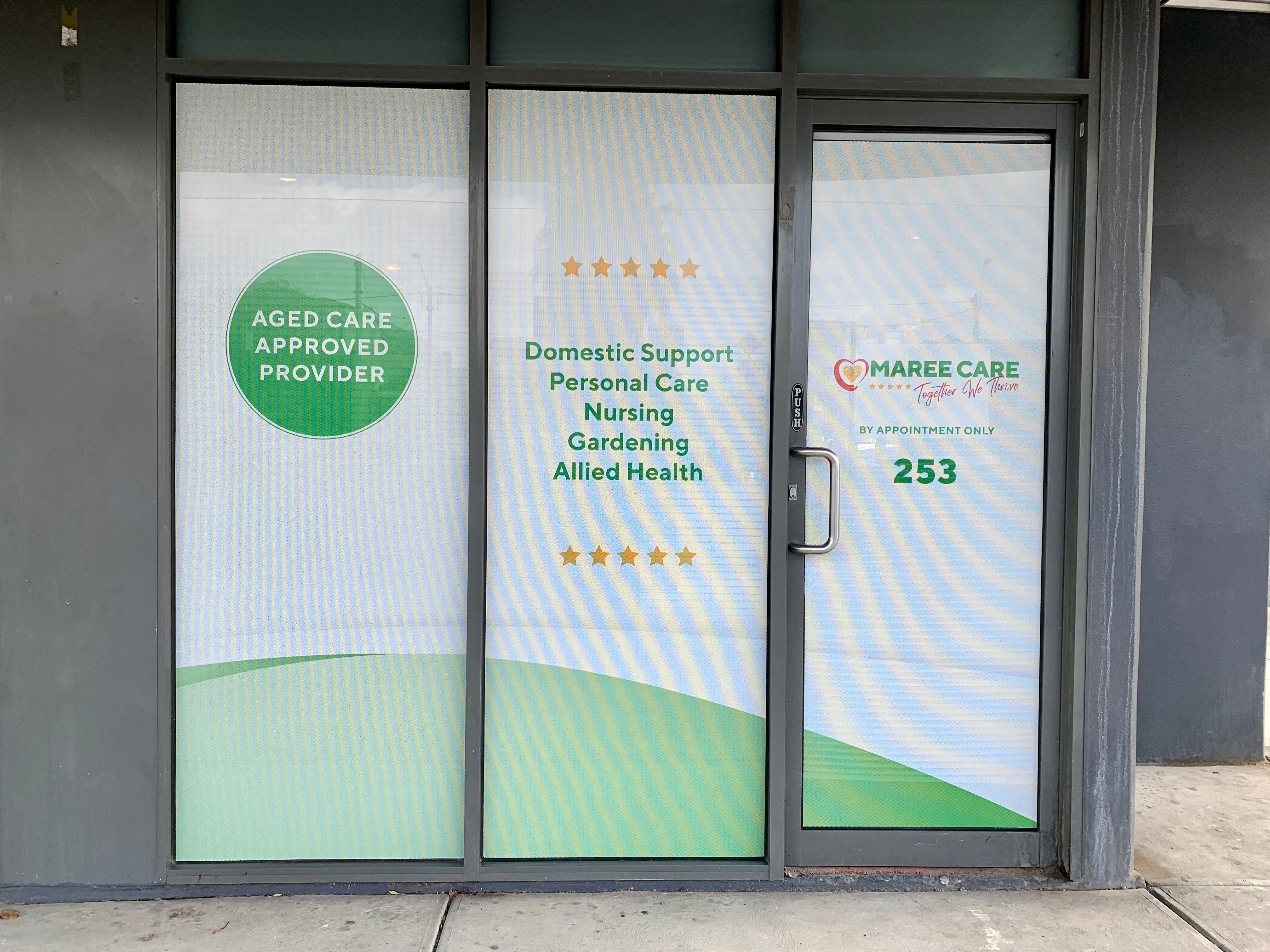 One Way Vision Windows & Fascia Signage - Maree Care - Northcote.