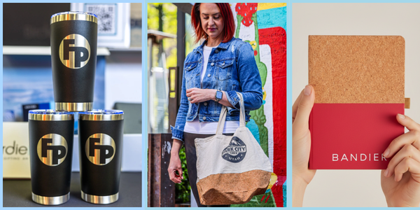 A collage of Eco-Friendly products Fully Promoted created including black reusable drinkware, tote bags, and notebooks
