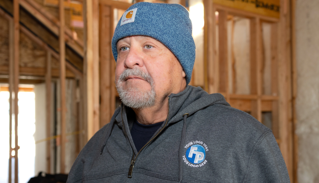 A man in a branded gray Fully Promoted hoodie and blue Carhartt beanie hat in an unfinished building.
