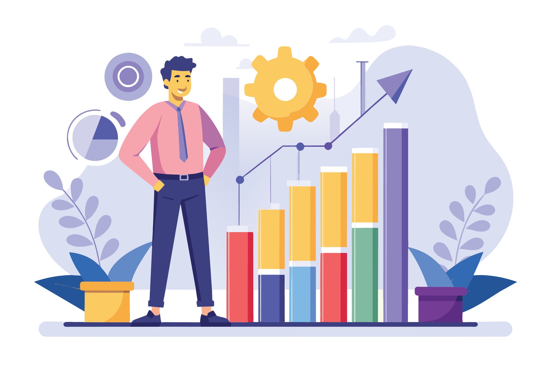 Businessman in front of bar chart illustration